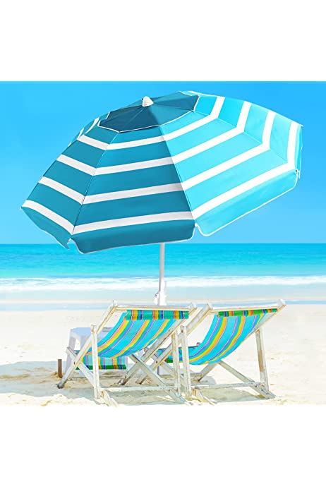 Photo 1 of Beach Umbrella - Beach Umbrella for Sand Wind Portable with Tilt Pole, 6.56 FT Arc Length 5.9 FT Diameter, Heavy Duty Wind Resistant Striped Large Umbrellas, UV 50+ Parasol with Anchor Screw Adjustable Height