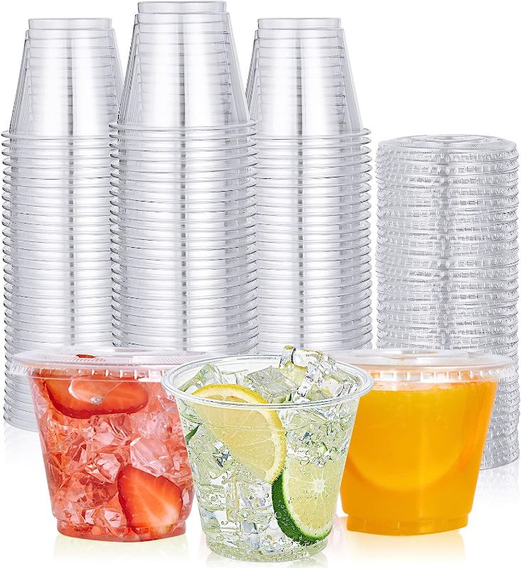 Photo 1 of 9oz Clear Plastic Cups with Flat Lids 100 pack