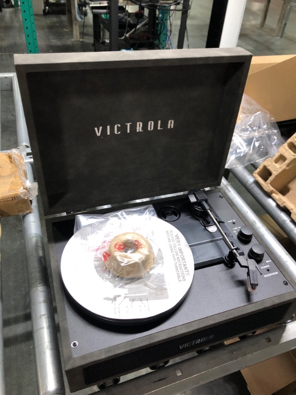 Photo 4 of Victrola Vintage 3-Speed Bluetooth Portable Suitcase Record Player with Built-in Speakers | Upgraded Turntable Audio Sound| Includes Extra Stylus | Lambskin (VSC-580BT-LGR)