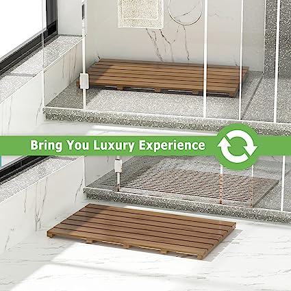 Photo 1 of Bamboo Wooden Bath Floor Mat for Luxury Shower - Non-Slip Bathroom Waterproof Carpet for Indoor or Outdoor Use (Walnut,31.3 x 18.1 x 1.5 Inches)
