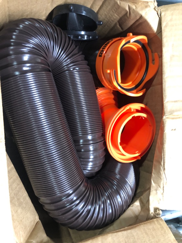 Photo 1 of Camco RhinoFLEX RV Sewer Hose Kit with Swivel Transparent Elbow and 4-in-1 Dump Station Fitting, Brown, 15 Feet (39770) 15ft Sewer Hose Kit Frustration-Free Packaging