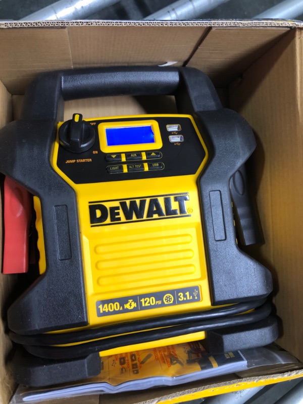 Photo 3 of DEWALT DXAEJ14 Digital Portable Power Station Jump Starter: 1400 Peak/700 Instant Amps, 120 PSI Digital Air Compressor, 3.1A USB Ports, Battery Clamps , Yellow