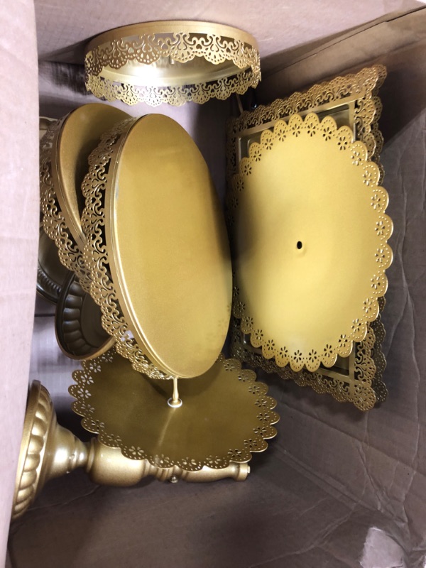 Photo 1 of 15" Metallic Gold 3-Tier Round Plastic Cupcake Display Tray Tower With Lace Cut Scalloped Edges, Decorative Dessert Stand