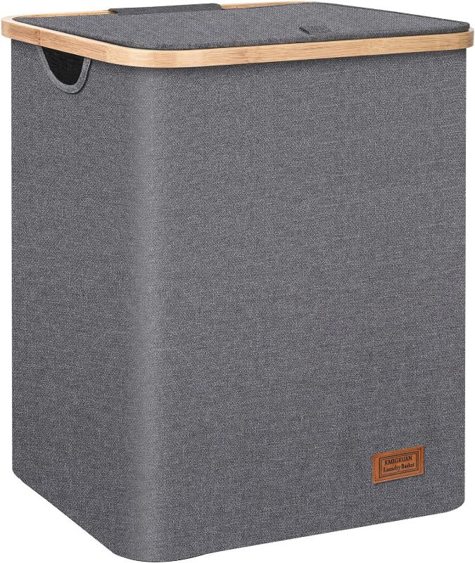 Photo 1 of KMIGRUAN 85L Laundry Hamper with Lid, Bamboo Laundry Hamper with Handle, Grey Clothes Hamper for Bedroom, Bathroom and Closet Storage of Clothes and Towels