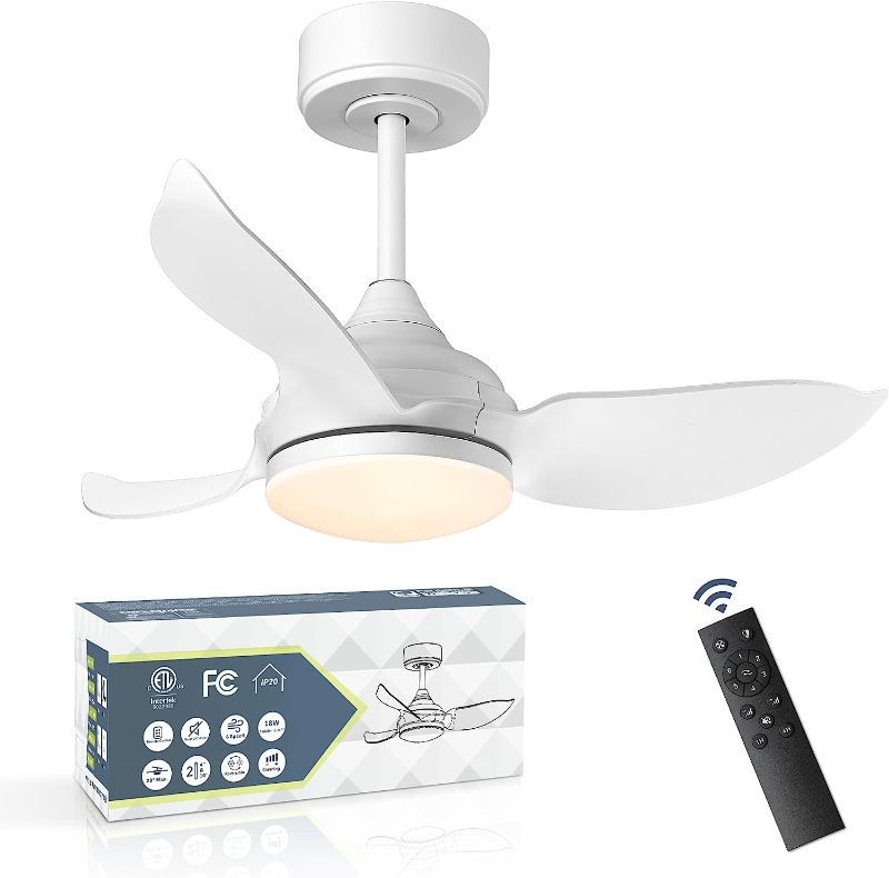 Photo 1 of YOUKAIN Ceiling Fans, 30 lnch Small Ceiling fan with Lights and Remote Control, LED Indoor/Outdoor Ceiling Fan with 3 Reversible Blades for Bedroom, Kitchen, Patio, White, 30-YJ652-WH