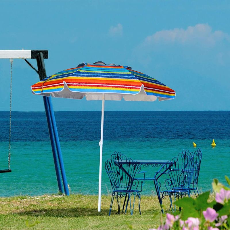 Photo 1 of AMMSUN 6.5 Foot Heavy Duty HIGH Wind Beach Umbrella with tilt Sun Shelter, UV 50+ Protection Outdoor Sunshade Umbrella with Carry Bag for Patio Garden Beach Pool Backyard Stripe Red
