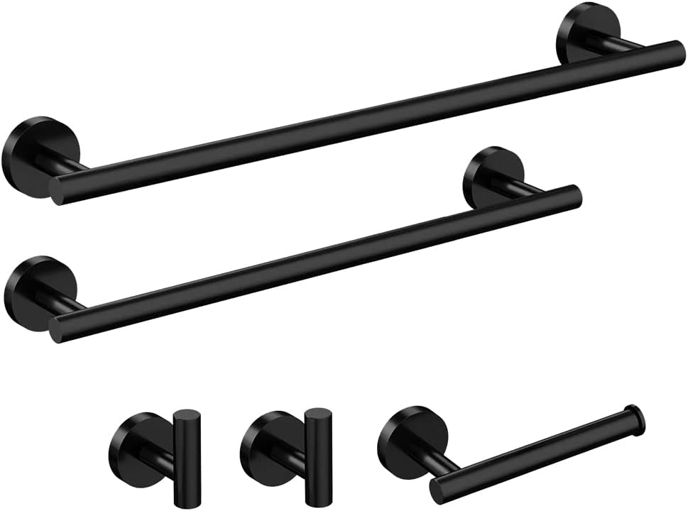 Photo 1 of Bathroom Hardware Set Accessories, 5 Pcs 24“Towel bar 16“Hand Towel bar Toilette Paper Holder 2 Robe Towel Hooks sus 304 RUSTPROOF, Bathroom Racks kit (Matte Black)