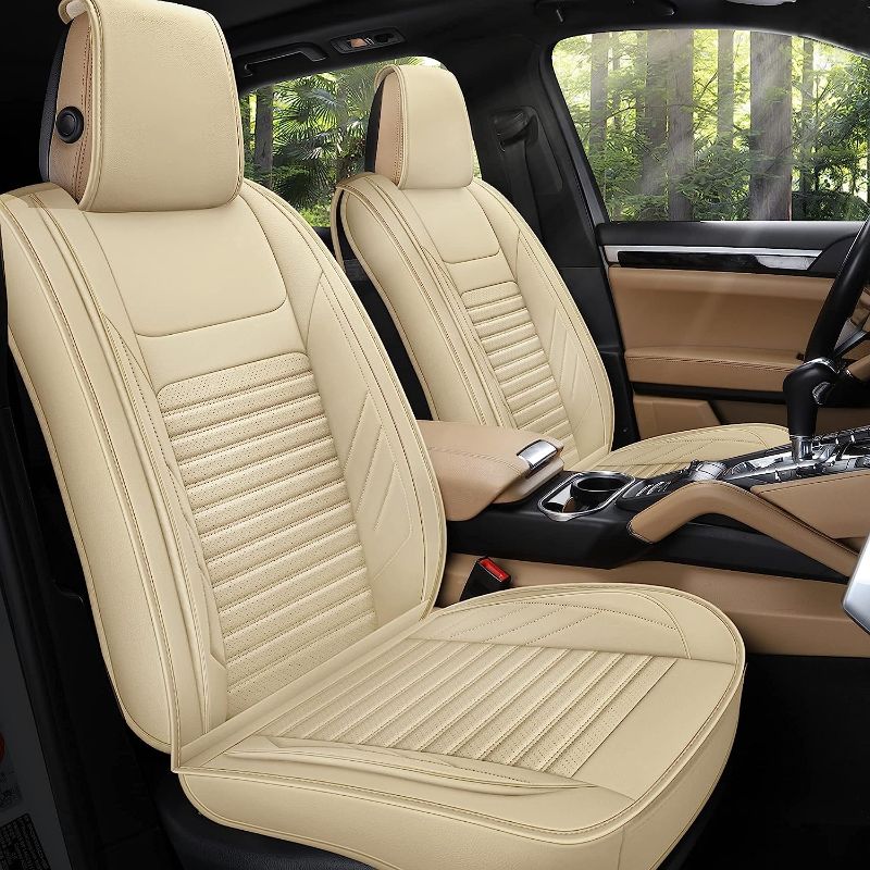 Photo 1 of AOOG Leather Car Seat Covers, Leatherette Automotive Seat Covers for Cars SUV Pick-up Truck, Non-Slip Vehicle Car Seat Covers Universal Fit Set for Auto Interior Accessories, Front Pair, Beige
