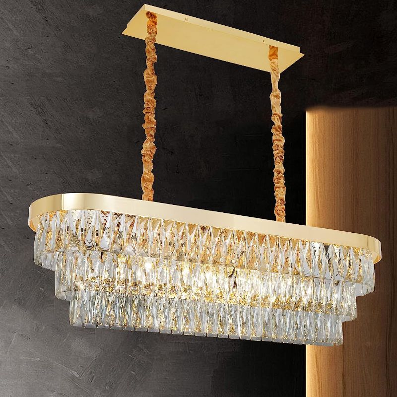 Photo 1 of Aheylity Crystal Chandeliers Light Fixtures Pendant Ceiling Lights Oval Modern Chandeleir Lighting Contemporary Lights for Dining Room Kitchen L39.37'' Light Gold
