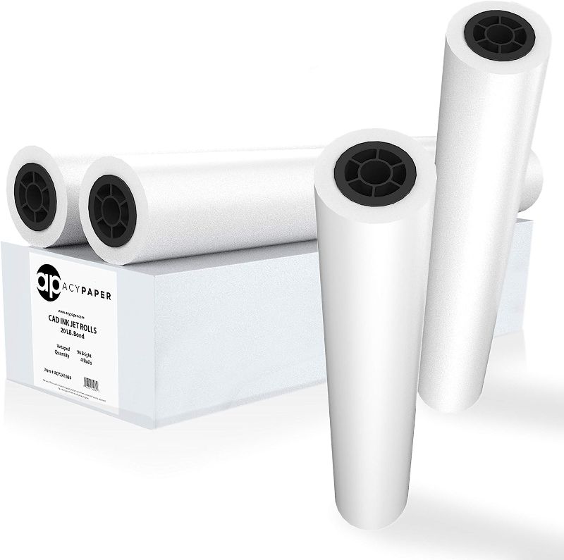 Photo 1 of ACYPAPER Plotter Paper 24 x 150, CAD Paper Rolls, 20 lb. Bond Paper on 2" Core for CAD Printing on Wide Format Ink Jet Printers, 4 Rolls per Box. Premium Quality
