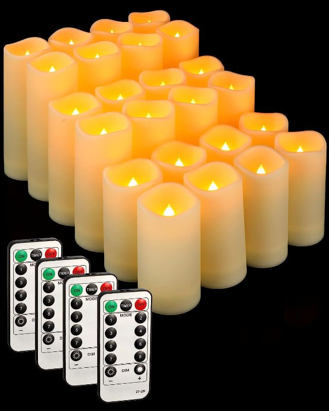 Photo 1 of 24 Pieces Waterproof LED Candles with 4 Remote and Timers, Outdoor Flickering Flameless Candles, Realistic Battery Operated Pillar Candles for Wedding Halloween Christmas Home Decorations, 3 Sizes
