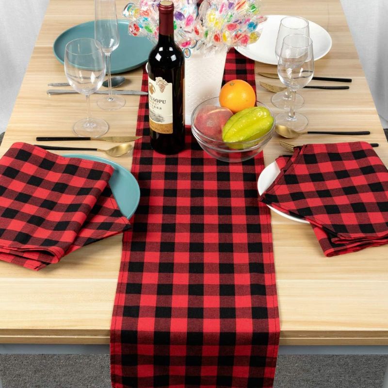 Photo 2 of 3 Pack Buffalo Check Table Runners Red and Black Plaid Table Runner for Christmas Dinner, Lumberjack Party, Outdoor or Indoor Gatherings Table Home Decorations 12"x108" 6PACK
