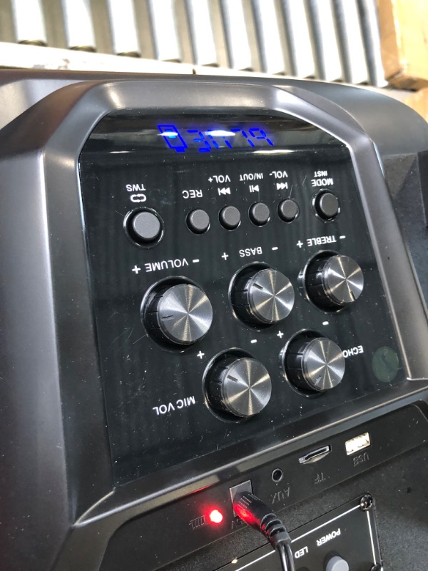 Photo 2 of Moukey Karaoke Machine, PA System Subwoofer, Portable Bluetooth Speaker w/ 2 Wireless Microphones, Lyrics Display Holder, Party Lights & Echo/Treble/Bass Adjustment, Support TWS/REC/AUX/MP3/USB/TF/FM 10" Subwoofer