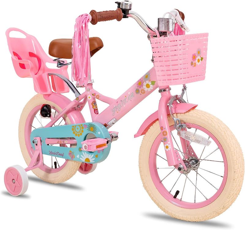 Photo 1 of ****Missing seat bolt*******JOYSTAR Little Daisy Kids Bike for 2-7 Years Girls with Training Wheels & Front Handbrake 12 14 16 Inch Princess Kids Bicycle with Basket Bike Streamers Toddler Girl Bikes, Blue Pink White
