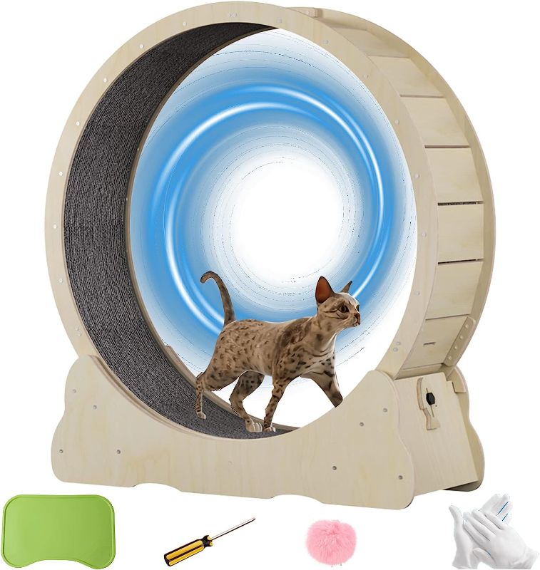 Photo 1 of Cat Wheel Exerciser for Indoor Cats with Lock Pin. Large Diameter Cat Exercise Wheel Made of Natural Solid Wood. Inside Diameter 40in/100cm. Including Installation Tools and Cat Toy. (Natural)
