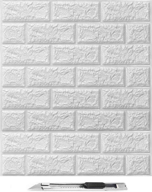 Photo 1 of Art3d 30 Pcs 3D Brick Wallpaper in White, Faux Foam Brick Wall Panels Peel and Stick, Waterproof for Bedroom, Living Room, and Laundry Decor (43.5Sq.Ft) 16.5”*12.6” White 30