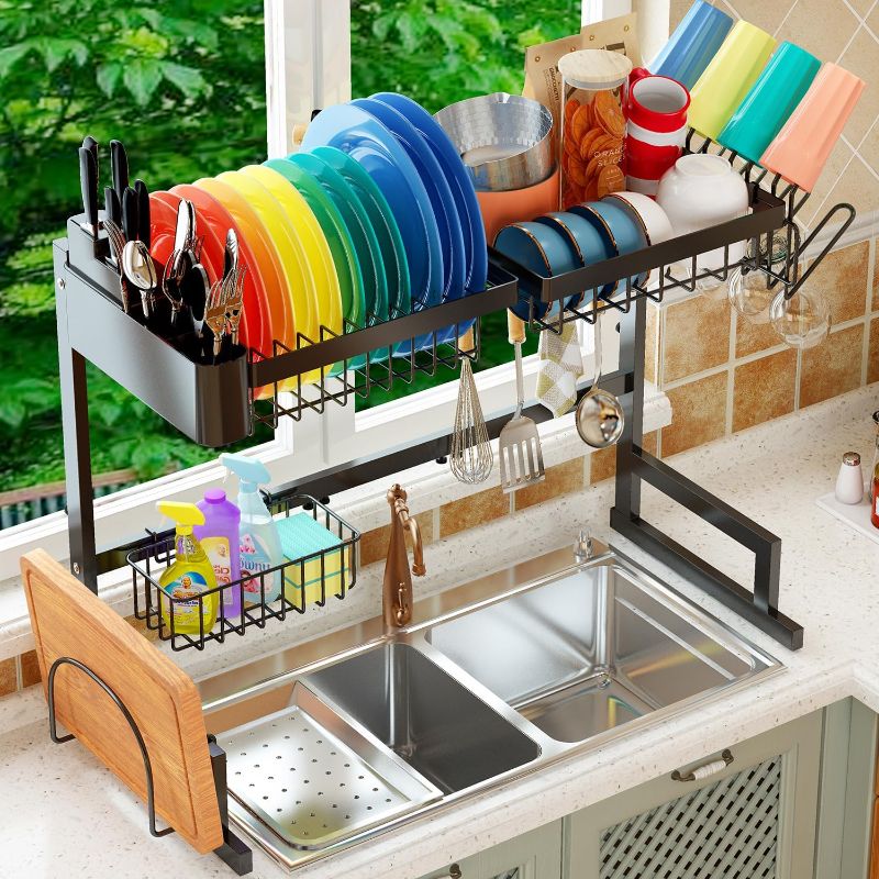 Photo 1 of ADBIU ?Fit Sink 24"- 35.5" L Over The Sink Dish Drying Rack (Expandable Height and Length) Snap-On Design 2 Tier Large Dish Rack Stainless Steel Kitchen Count Organization and Storage
