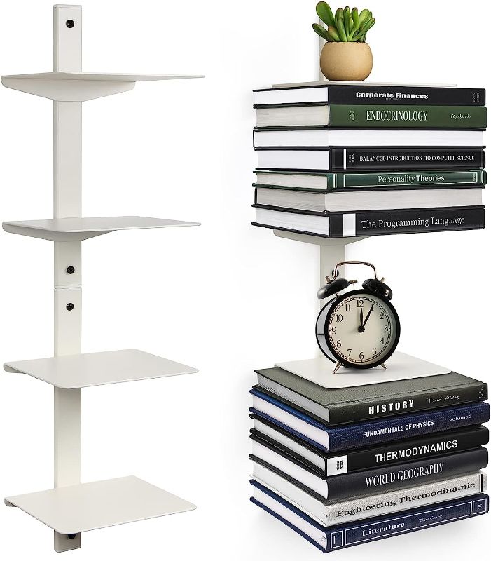 Photo 1 of ART-GIFTREE Invisible Floating Bookshelf for Wall Mounted, 4 Tier Vertical Spine Book Tower, Stacking Bookshelves Iron Floating Shelves, Heavy-Duty Metal Book Organizers for Home Office, 2 Pack White
