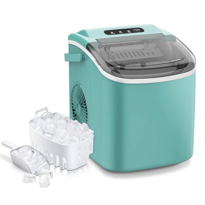 Photo 1 of Ice Maker Machine Countertop, 26 lbs in 24 Hours, 9 Cubes Ready in 6 Mins, Self-Cleaning, Portable Ice Maker with Ice Scoop and Basket,Green
