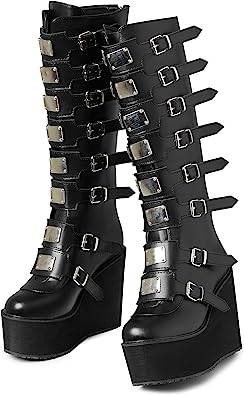 Photo 1 of AOSPHIRAYLIAN Womens Goth Knee High Boots Wedge High Heel Motorcycle Punk Combat Platform Boots