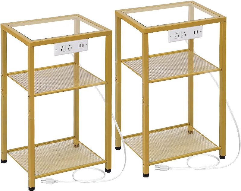 Photo 1 of AMHANCIBLE End Tables Living Room Set of 2, Side Tables with Charging Station, Gold Glass Night Satnd with USB Ports & Outlets, Bedside Tables with 3-Tier Shelf for Bedroom HET036GCT
