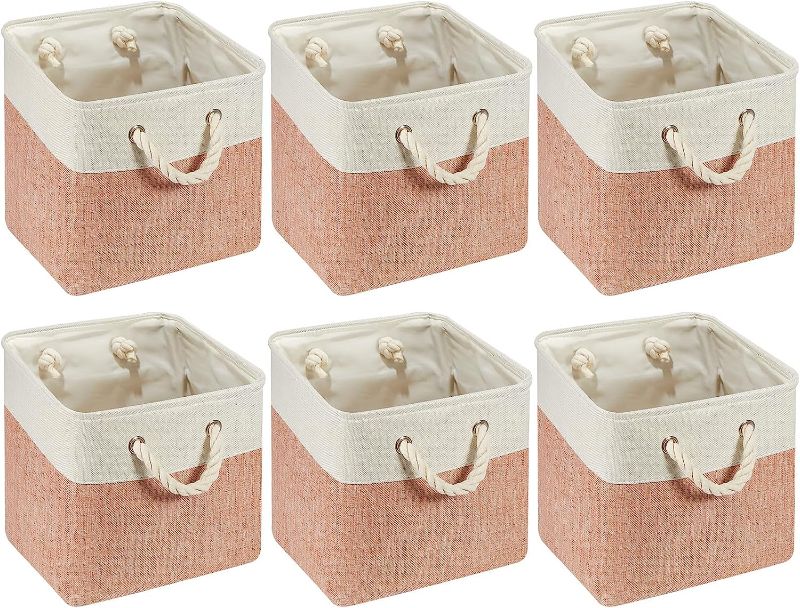 Photo 1 of 6 Pieces Cube Storage Bins Small Foldable Storage Cube Baskets with Sturdy Carry Handles Multipurpose Storage Cube Baskets Organizer Bin for Home, Office, Nursery (White, Pink, 13 x 13 Inch)
