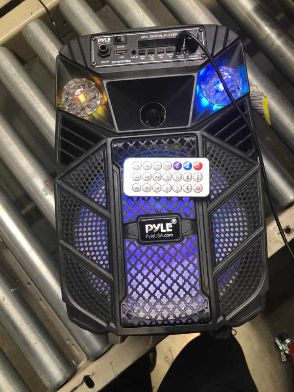 Photo 3 of Portable Bluetooth PA Speaker System - 300W Rechargeable Outdoor Bluetooth Speaker Portable PA System w/ 8” Subwoofer 1” Tweeter, Microphone in, MP3/USB, Radio, Remote - Pyle PPHP838B, Black