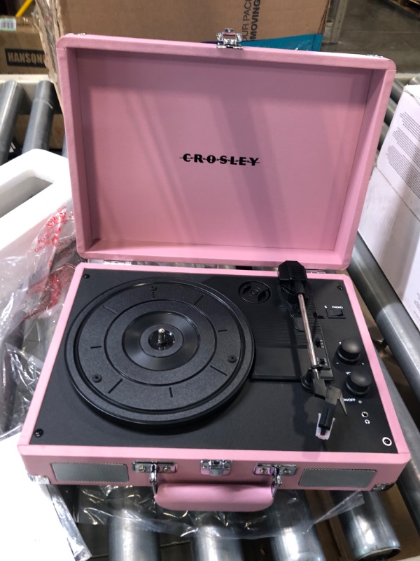 Photo 3 of Crosley CR8005E-BH Cruiser Deluxe Vintage 3-Speed Bluetooth Suitcase Vinyl Record Player Turntable, Blush Bluetooth In Blush **MISSING CORD**