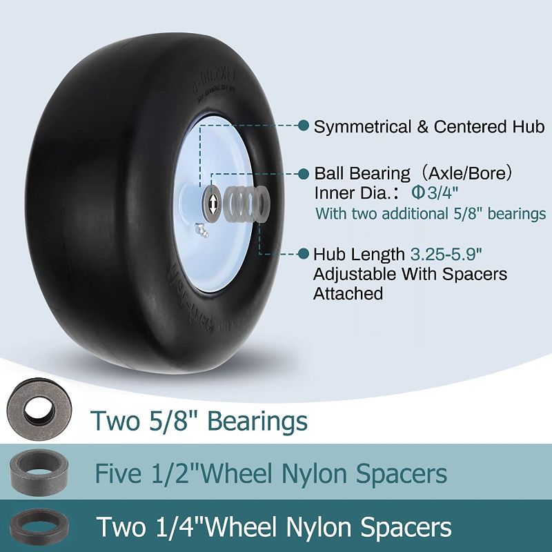 Photo 1 of 2 PCS Upgrade 13x5.00-6 Flat Free Lawn Mower Tire and Wheel with 3/4" & 5/8" Grease Bushing, Zero Turn Mower Front Solid Tire Assembly for Commercial Grade Lawn, Garden Turf, 3.25"-5.9" Centered Hub