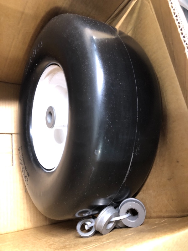 Photo 3 of 2 PCS Upgrade 13x5.00-6 Flat Free Lawn Mower Tire and Wheel with 3/4" & 5/8" Grease Bushing, Zero Turn Mower Front Solid Tire Assembly for Commercial Grade Lawn, Garden Turf, 3.25"-5.9" Centered Hub