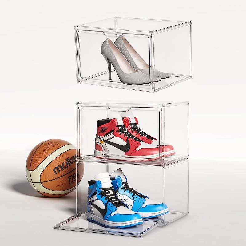 Photo 1 of Shoe Storage Boxes Clear Stackable Acrylic Shoe Organizer for Closet, Sneaker Containers Bins Holders Shoe Containers with Lids, Sneaker Hangbag Display Case, Easy Assembly, Set of 9, Fit for Size 14