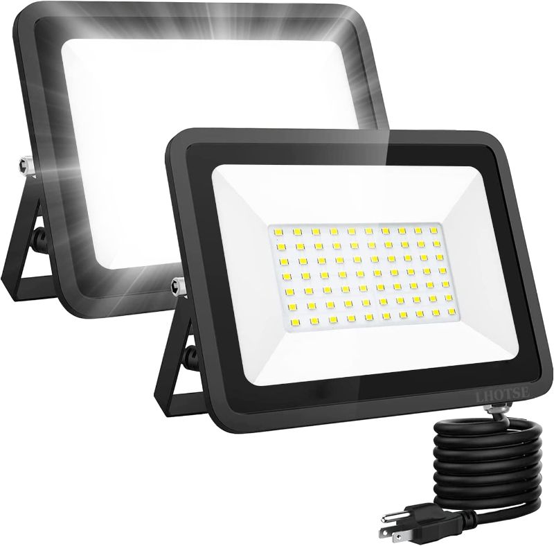 Photo 1 of LHOTSE 2 Pack 50W LED Flood Light Outdoor?8000 Lumens LED Work Light with Plug,IP65 Waterproof Outdoor Floodlights, 6500K Daylight White Super Bright Security Light for Yard Garden Patio Playground