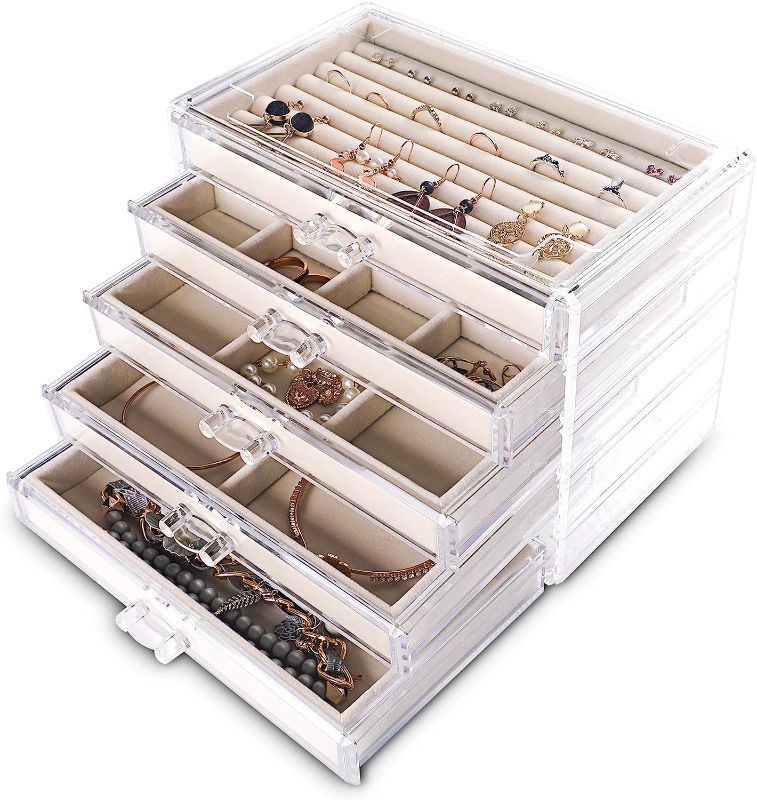 Photo 1 of Frebeauty Extra Large Acrylic Jewelry Box for Women 5 Layers Clear Jewelry Organizer Velvet Earring Box with 5 Drawers Rings Display Case Necklaces Holder Tray for Women Girls (Beige)