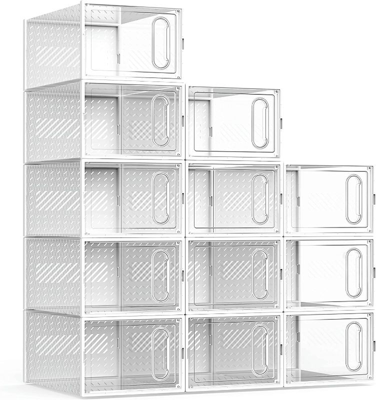 Photo 1 of GONAT Large Shoe Organizers, 12 Pack Shoe Boxes Clear Plastic Stackable, Dust-Proof Shoe Container Stackable, Shoe Storage Organizers For Closet, Good Replacement For Shoe Rack, Under Bed, Whi