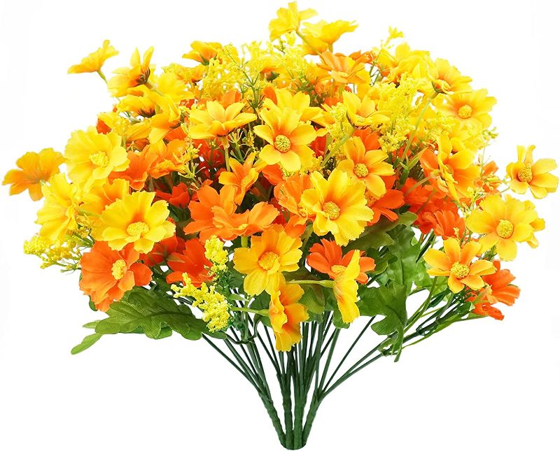 Photo 1 of Artificial Fake Flowers, 6 Bundles Daisy Mums Flowers Outdoor UV Resistant No Fade Greenery Shrubs Plants Indoor Outside Hanging Planter Home Wedding Office DIY Garden Porch Décor (Orange Yellow)