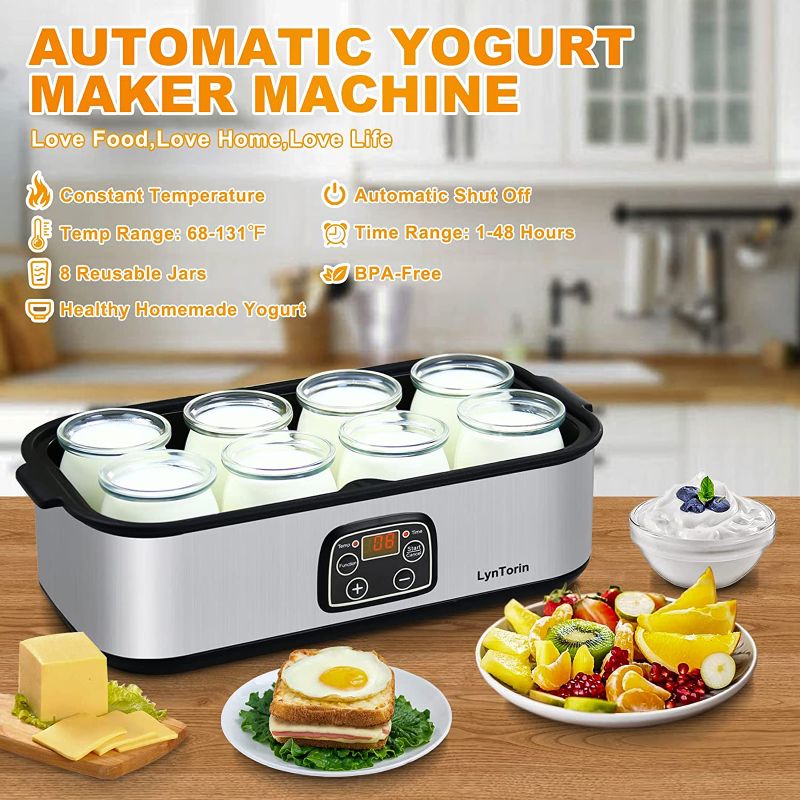 Photo 1 of Yogurt Maker Automatic Digital Yoghurt Maker Machine with 8 Glass Jars 48 Ozs (6Oz Each Jar) LCD Display with Constant Temperature Control Stainless Steel Design for Home Use