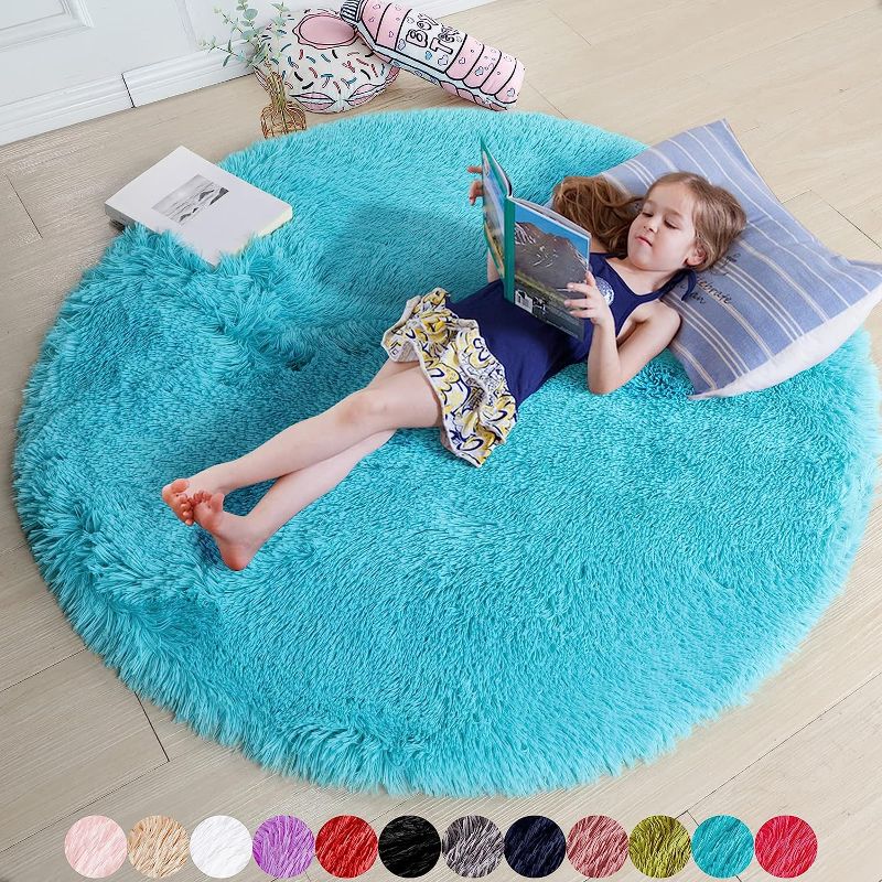 Photo 1 of Blue Round Rug for Bedroom,Fluffy Circle Rug 4'X4' for Kids Room,Furry Carpet for Teen's Room,Shaggy Circular Rug for Nursery Room,Fuzzy Plush Rug for Dorm,Turquoise Carpet,Cute Room Decor for Baby