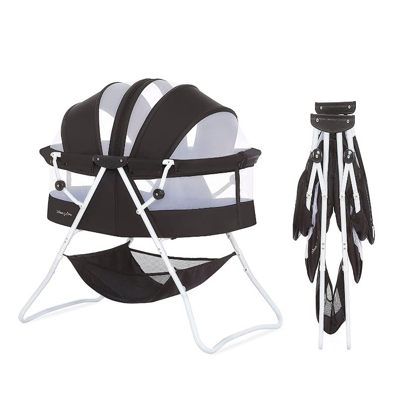 Photo 1 of Dream On Me Karley Bassinet in Black, Lightweight Portable Baby Bassinet, Quick Fold and Easy to Carry , Adjustable Double Canopy, Indoor and Outdoor Bassinet with Large Storage Basket.