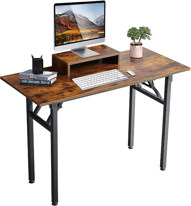 Photo 1 of 43.3'' Folding Computer Desk with Extra Monitor Stand Riser, Home Office Writing Study Desk Workstation, Folding Computer Tables for Small Places, No Assembly Desk, Rustic Brown