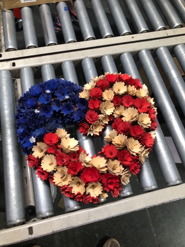 Photo 2 of One Holiday Way 17-Inch Patriotic Heart Shaped Wood Curl Front Door Wreath – Rustic Decorative Red White and Blue 4th of July Decoration - Memorial Day (MISSING STARS)