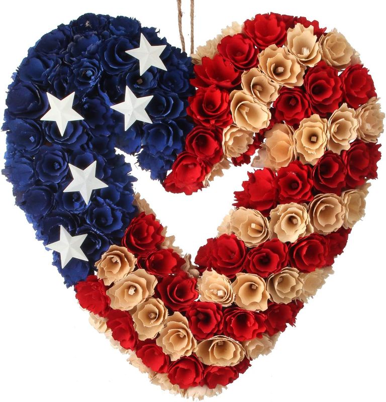 Photo 1 of One Holiday Way 17-Inch Patriotic Heart Shaped Wood Curl Front Door Wreath – Rustic Decorative Red White and Blue 4th of July Decoration - Memorial Day (MISSING STARS)