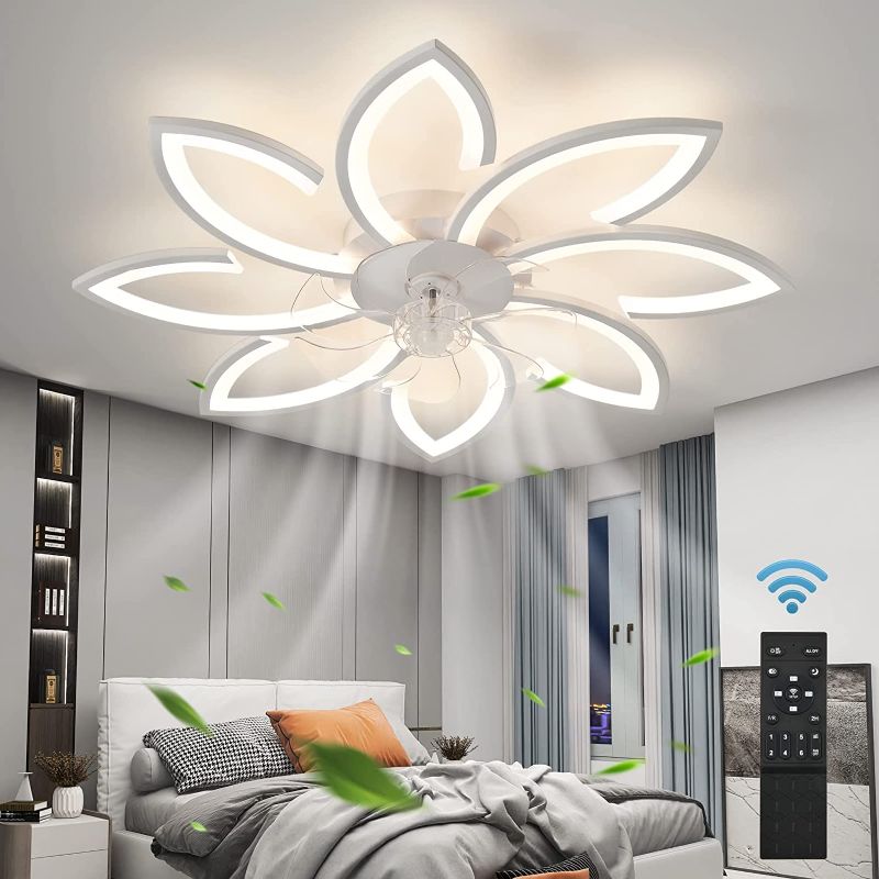 Photo 1 of ZHMDJDSH Ceiling Fan with Light Remote Control, 35" 6 Speeds 3 Colors Geometric Bladeless Ceiling Fan with Lights, White Low Profile Flush Mount Ceiling Fan for Kitchen Bedroom Living