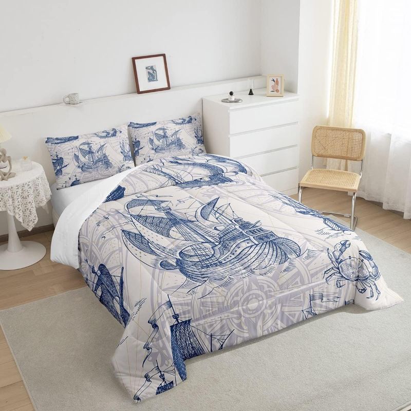 Photo 1 of 
Nautical Comforter Set Sailboat Down Comforter Twin,Blue White Vintage Style Quilted Duvet Set Luxury Anchor Crab Pattern Bedding Insert Set for Kids, Adult..