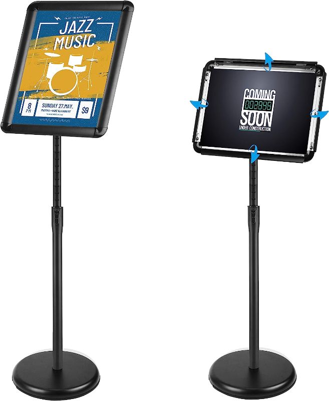 Photo 1 of Adjustable Sign Holder Stand, Sign Stand with Base, Floor Sign for Display/Poster/Business/Shows/Restaurant/Store, Snap Open Frame, Aluminum, Black (11" x 17")