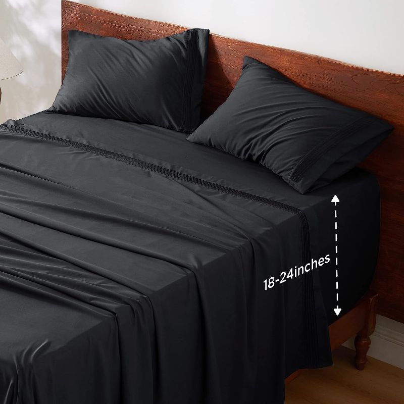 Photo 1 of Bedsure Deep Pocket King Sheets Set - Fits Mattresses Up to 24" Thick, 4 Piece Air Mattress Sheets with Deep Pocket, Moisture Wicking Soft Cooling Bedding Sheets & Pillowcases, Black