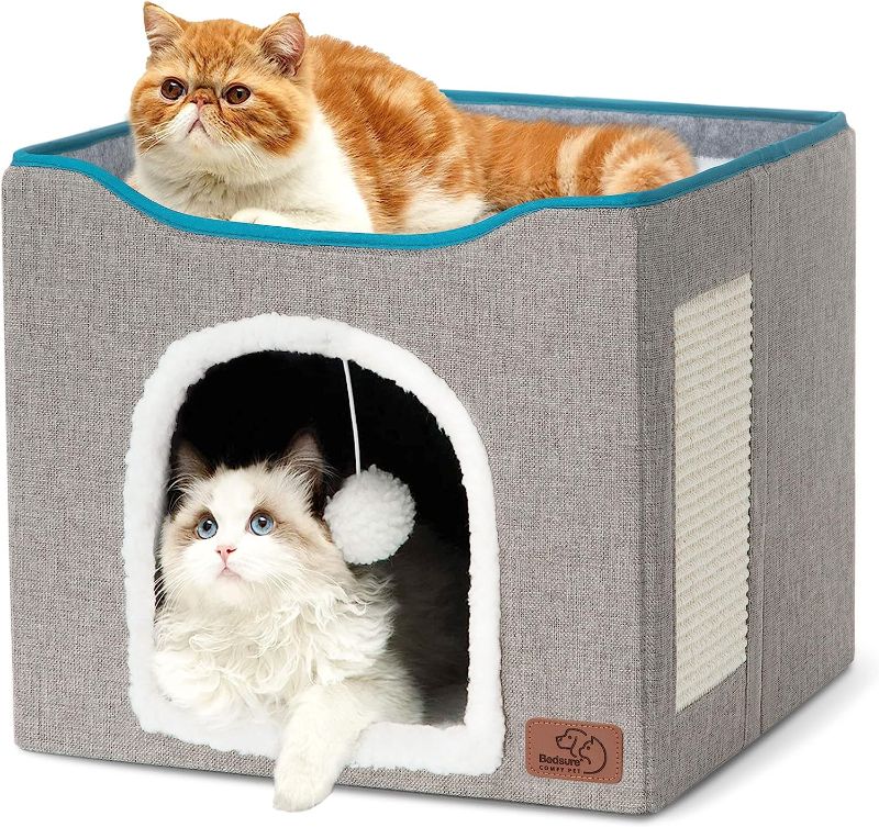Photo 1 of Bedsure Cat Beds for Indoor Cats - Large Cat Cave for Pet Cat House with Fluffy Ball Hanging and Scratch Pad, Foldable Cat Hideaway,16.5x16.5x14 inches, Grey