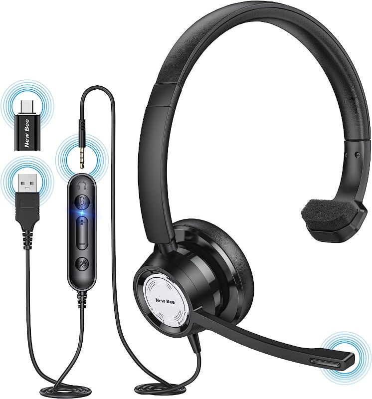 Photo 1 of New bee USB Headset with Microphone for PC Computer Headset, Single Ear Headset Noise Cancelling Mic, Call Center Wired Headset with 3.5mm/USB/Type C for Skype Zoom Tablet Laptop (Black)