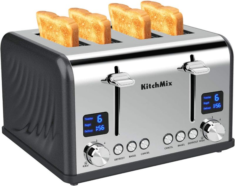 Photo 1 of KitchMix Toaster 4 Slice, Bagel Stainless Toaster with LCD Timer, Extra Wide Slots, Dual Screen, Removal Crumb Tray (Gray)