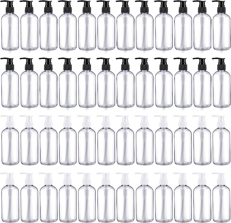 Photo 1 of 48 Pcs 8oz Plastic Pump Bottle Dispenser Refillable Shampoo and Conditioner Bottles Hand Soap Dispenser Portable Empty Bottles Lotion Container with Pumps for Body Wash (Clear, White, Black)