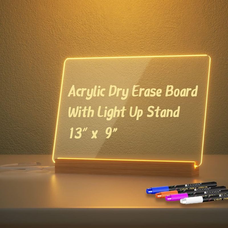 Photo 1 of   Acrylic Dry Erase Board with Light Up Stand for Desk 13 x 9 inch Clear Desktop Note Memo White Board Notepad Table LED Letter Massage Boards for Personal Creative Use Includes Dry Erase Markers